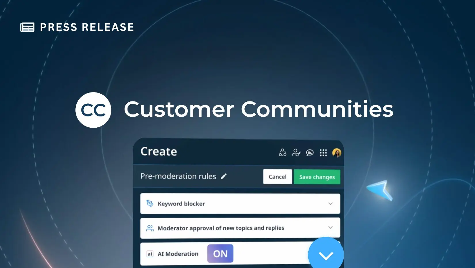 A digital graphic with the headline "Customer Communities" showcases Gainsight’s Community Product Line, featuring a partial view of an online moderation settings panel. "Press Release" is displayed in the upper left corner.