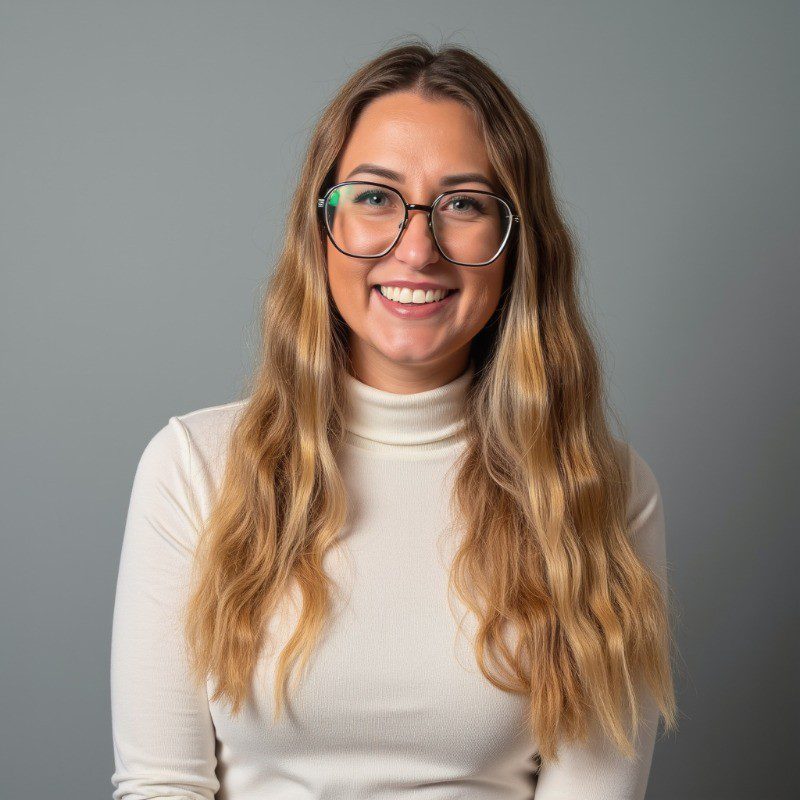 A young woman with long, wavy blonde hair and large round glasses smiles at the camera. Dressed in a cream-colored turtleneck, she stands confidently against a gray background—ready to discuss enterprise AI and the impact of AI adoption.