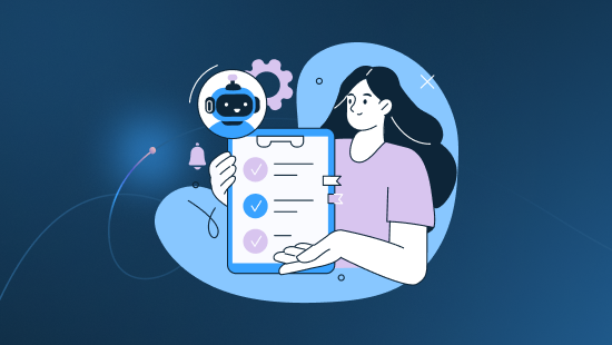 Illustration of a woman holding a checklist clipboard with checkmarks, a chatbot icon above, and abstract technology-themed background elements—highlighting post-sales programs in the agentic era.