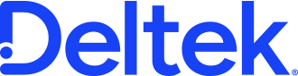 Deltek logo in bold blue letters on a light gray background. The letter "D" features a unique dot design inside the curve.