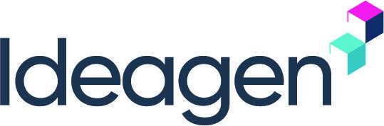 The image shows the Ideagen logo with the word "Ideagen" in bold, dark blue letters, and three connected 3D cubes in blue, teal, and pink on the top right, celebrating its GameChanger Awards recognition in Europe.
