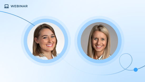Two women smiling in separate circular frames on a light blue background. The top left corner features a "Webinar" label with a computer icon. Blue lines and circles connect the frames, highlighting the Future of CS at Pulse Europe.