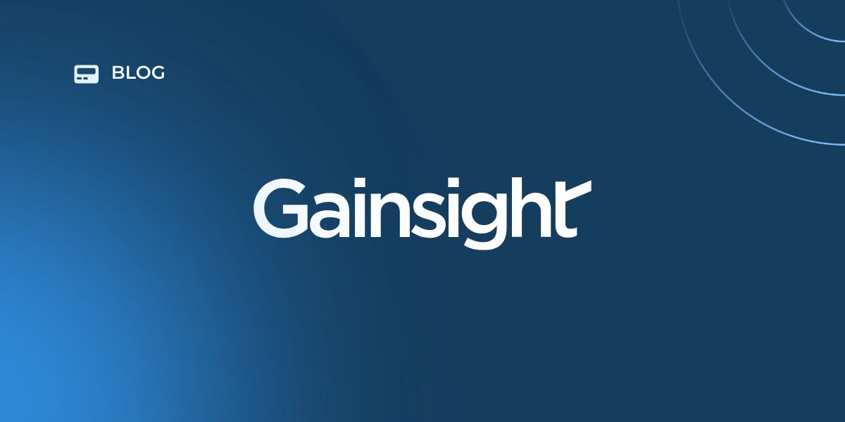 A blue background features the word "Gainsight" in large white letters at the center, with "BLOG" and a small Customer Support icon in the upper left. Curved lines add detail in the upper right corner.