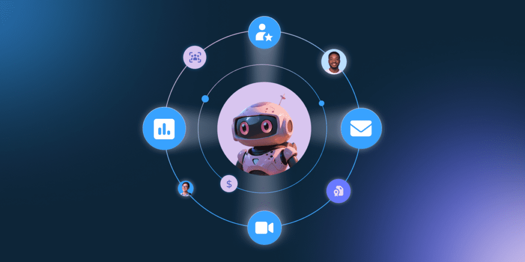 A robot with pink accents is at the center, surrounded by icons like a bar chart and handshake, all connected by glowing lines on a blue gradient—capturing the innovative spirit of Agents Unplugged 2025.