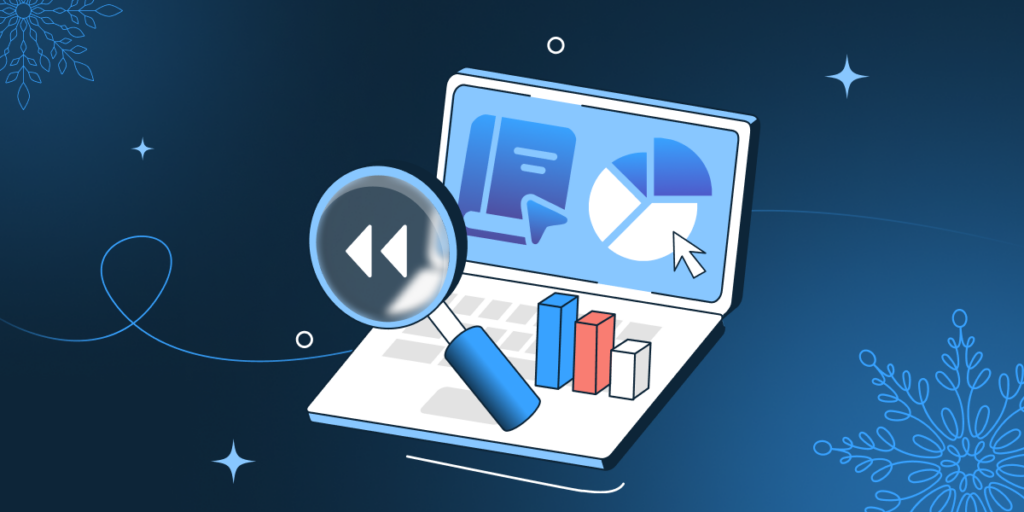 Illustration of a laptop displaying charts and graphs, highlighting retention metrics. A magnifying glass with a rewind symbol hovers over it. The dark blue background features decorative snowflakes and star shapes.