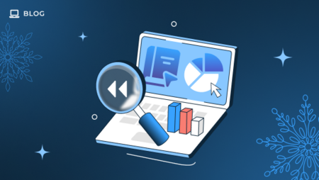 Illustration of an open laptop displaying graphs and charts, with a magnifying glass and backward arrow in front, on a blue background with snowflake designs, signifying AI-powered data analysis or review.