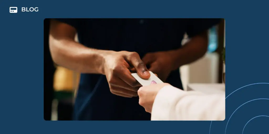 A close-up of two people exchanging a white card, hinting at secure information sharing. The background is blurred, framed by a blue border with "BLOG" and an icon in the top left corner—perfect for a CEO guide or Salesforce integration post.