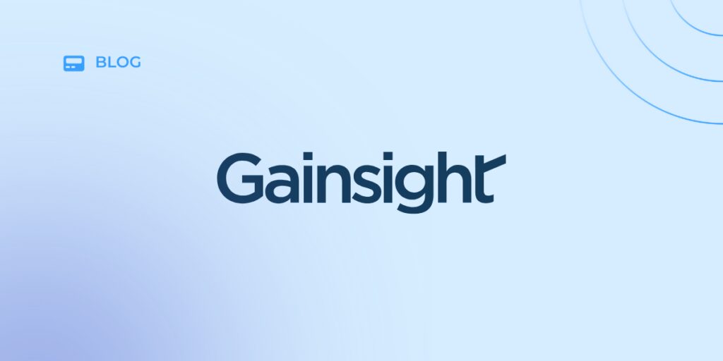 Light blue background with "Gainsight" in large dark blue letters centered. "BLOG" and a small icon appear in the upper left, while curved lines are in the upper right. The design hints at an Investigation Summary or Skilljar integration.