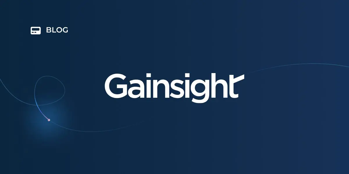 Dark blue background with "Gainsight" in large white letters at the center. In the top left corner, a small blog icon and "BLOG" appear. A subtle curved line decorates the background, evoking the spirit of Gainsight Connections and Salesforce integration.