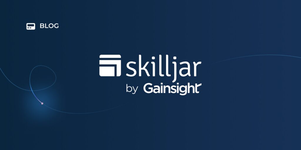 Dark blue background with a "BLOG" label and icon in the top left. Centered text reads "Skilljar by Gainsight" with stylized logos above and beside the text. A thin swirl design adds flair to this Gainsight-inspired layout.