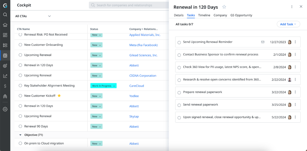 A Customer Success Management dashboard displaying two panels: on the left, a list of CTAs with statuses and company names; on the right, detailed tasks for "Renewal in 120 Days" with descriptions, due dates, and completion checkboxes.