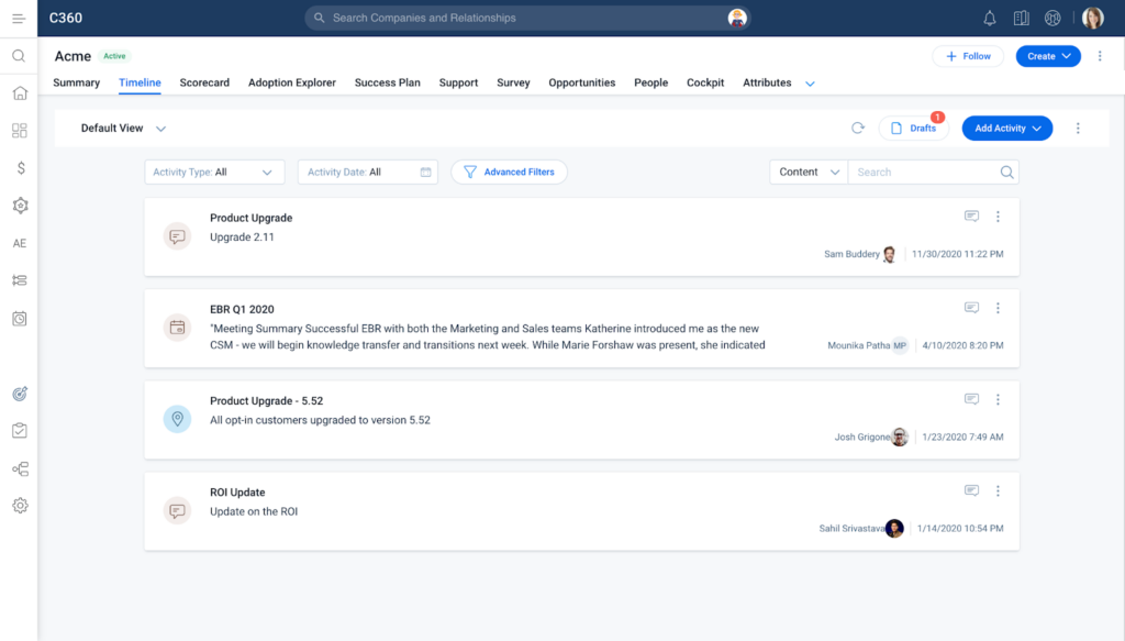 A software dashboard displays a timeline of activities, featuring entries for product upgrades, an EBR, and an ROI update—key aspects of Customer Success Management. Each entry lists the activity type, description, date, and posting user.
