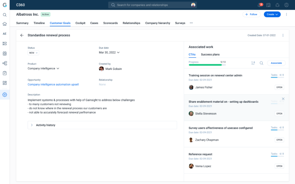 A software dashboard displays a standardized renewal process for Albatross Inc., integrating Customer Success Management, showing status, priority, assignee, and associated work on the left, with related tasks and team members listed on the right.