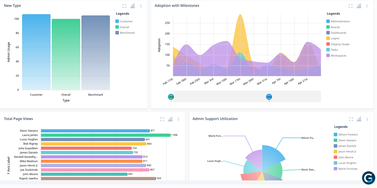 Dashboard showing various analytics charts: bar graphs for admin usage and total page views, an area chart for adoption milestones, and a radial chart for Customer Success Management support utilization. Legends and color-coded categories are included.