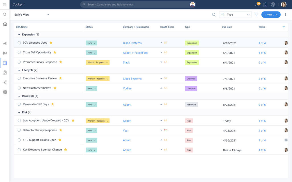 A Customer Success Management dashboard view of tasks with columns for CTA name, status, company, health score, type, due date, and owner. Tasks use color-coded labels like "In Progress," "Risk," and "Expansion.
