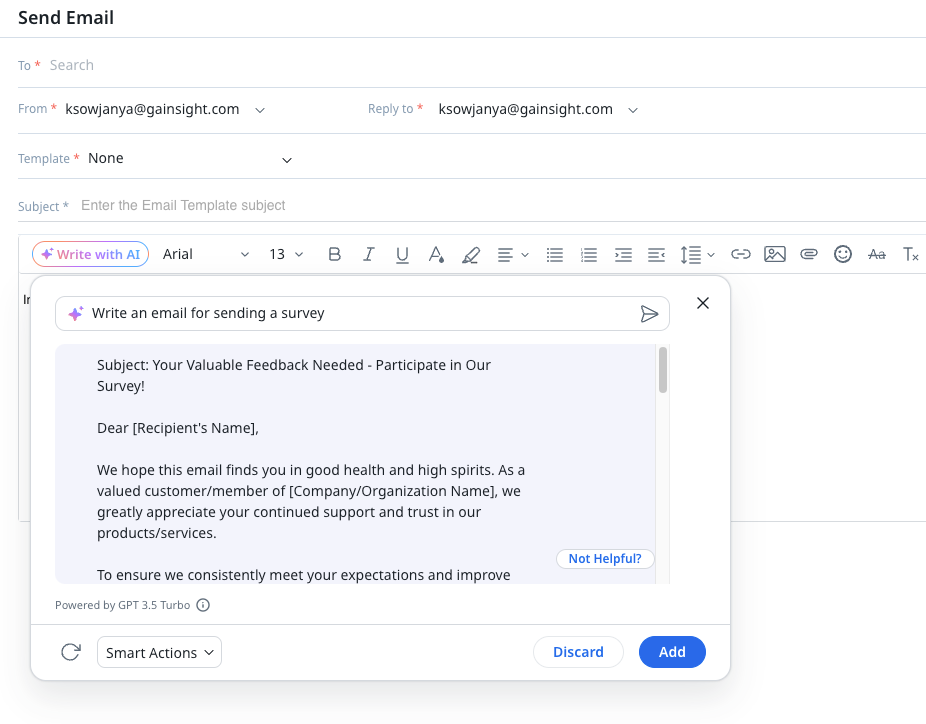 Screenshot of an email composition window with a survey request template, addressed to a recipient, inviting them to participate in a feedback survey. The email editor highlights formatting options and AI writing assistance for Customer Success Management.