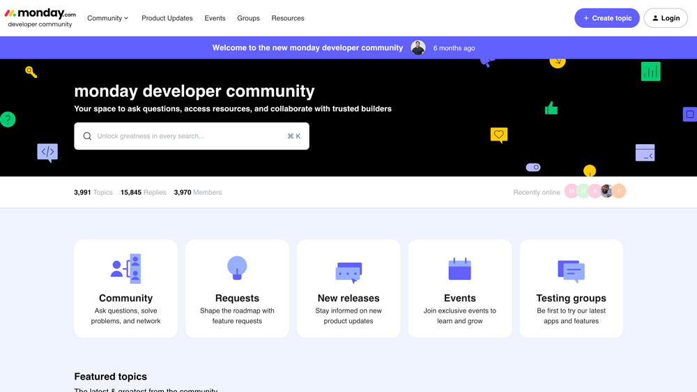 Screenshot of the monday developer community webpage, featuring navigation links, a banner, user icons, and sections for Community Showcase, Requests, New releases, Events, and Testing groups.