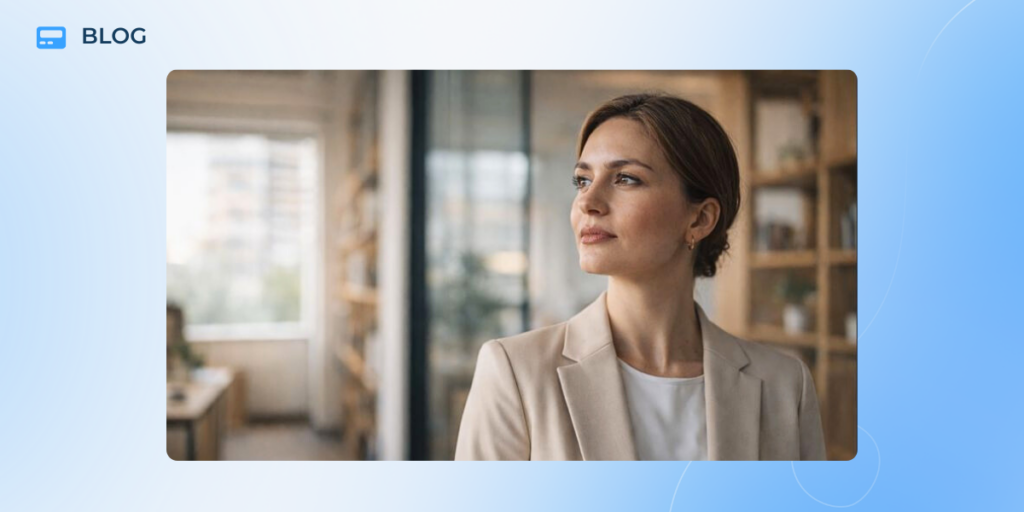 A woman in a beige blazer stands in an office, looking thoughtfully out the window—perhaps reflecting on accelerated security and rapid security improvement. Shelves and large windows provide a modern backdrop to her moment of contemplation.