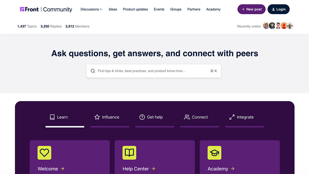 Screenshot of a Customer Community platform with a search bar inviting users to ask questions, get answers, and connect with peers. Navigation tabs include Learn, Influence, Get help, Connect, Integrate, and Community Showcase.