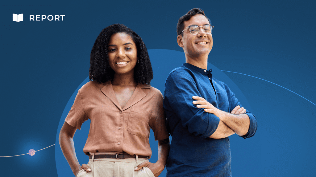 A confident woman and man stand side by side, smiling with arms crossed, against a blue background featuring growth metrics and a white book icon labeled "DCS Index Report 2026" in the top left corner.