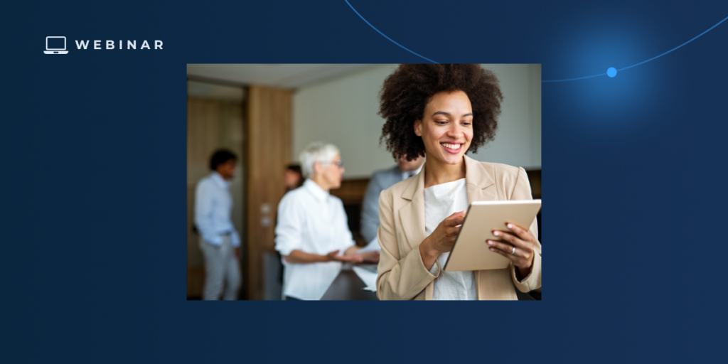 A woman smiling while using a tablet, with three people talking in the background. The word "WEBINAR," a computer icon, and references to Digital Customer Success are displayed on a dark blue background, highlighting trends for 2026.