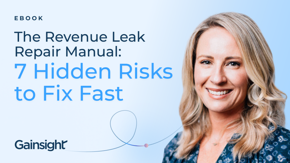 Ebook cover titled "The Revenue Leak Repair Manual: 7 Hidden Revenue Risks to Fix Fast" by Gainsight, featuring a smiling woman with blonde hair on a light blue background.