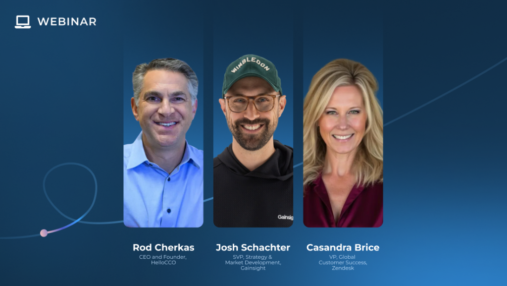Webinar graphic featuring headshots of Rod Cherkas, Josh Schachter, and Casandra Brice, plus their titles and company names on a blue background—exploring the reality of AI beyond the post-hype AI narrative.