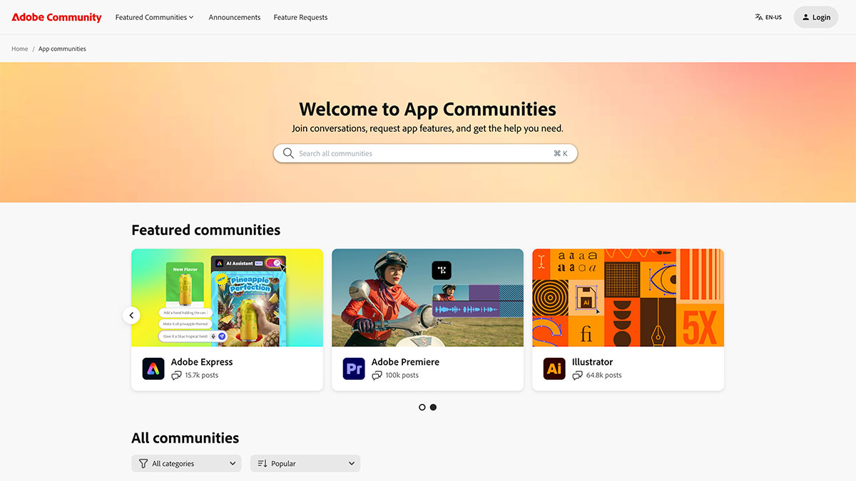 Screenshot of the Adobe Community webpage displaying a search bar, a welcome message, and featured Customer Communities for Adobe Express, Premiere, and Illustrator, each with colorful icons and post counts.