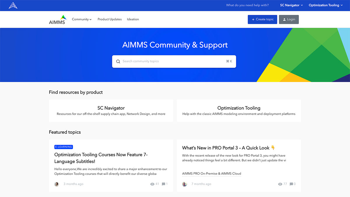 Screenshot of the AIMMS Community & Support webpage, featuring a search bar, navigation menu, product sections for SC Navigator and Optimization Tooling, and a Customer Community showcase with featured topics, brief descriptions, and icons.