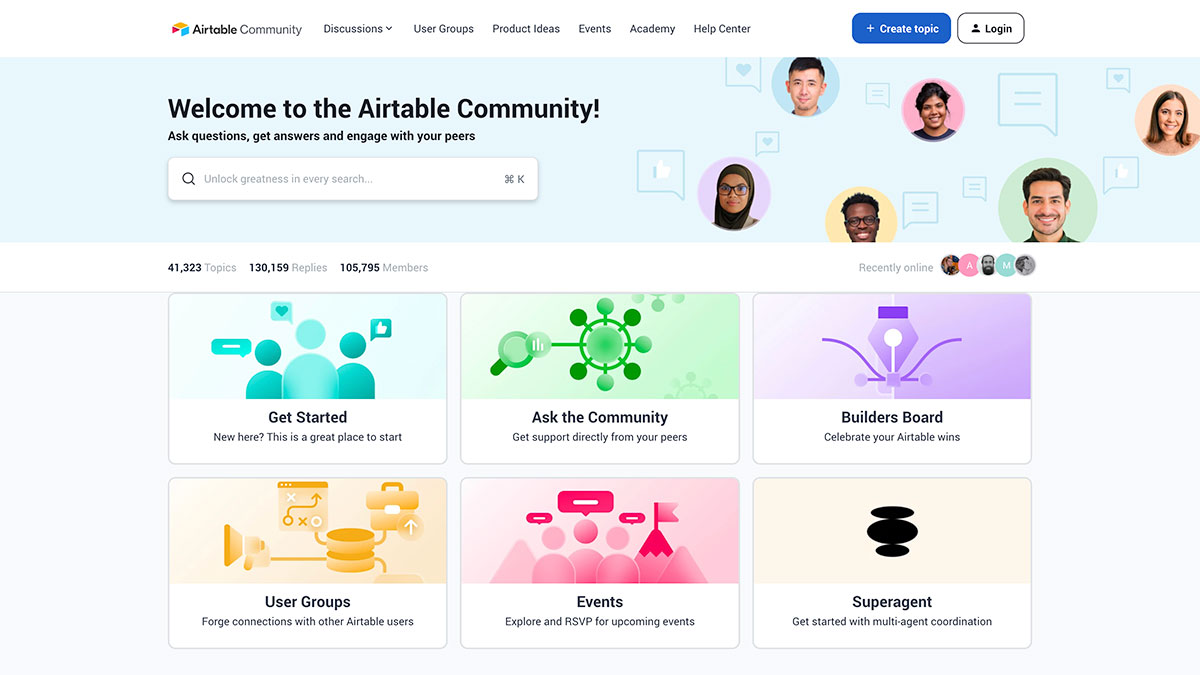Screenshot of the Airtable Community homepage featuring a welcome message, search bar, avatar images, navigation tabs, and colorful icons for sections like Get Started, Ask the Community, Builders Board, User Groups, Events—a hub for Customer Communities.