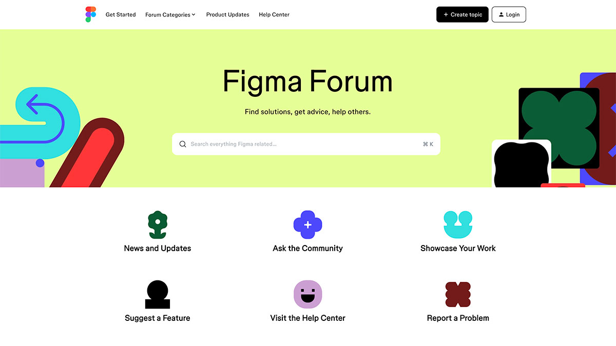 Screenshot of the Figma Forum homepage featuring a search bar, colorful abstract shapes, and icons linking to News and Updates, Customer Communities, Ask the Community, Showcase Your Work, Suggest a Feature, Help Center, and Report a Problem.