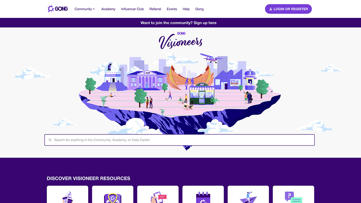 A colorful website homepage features a floating city illustration labeled 