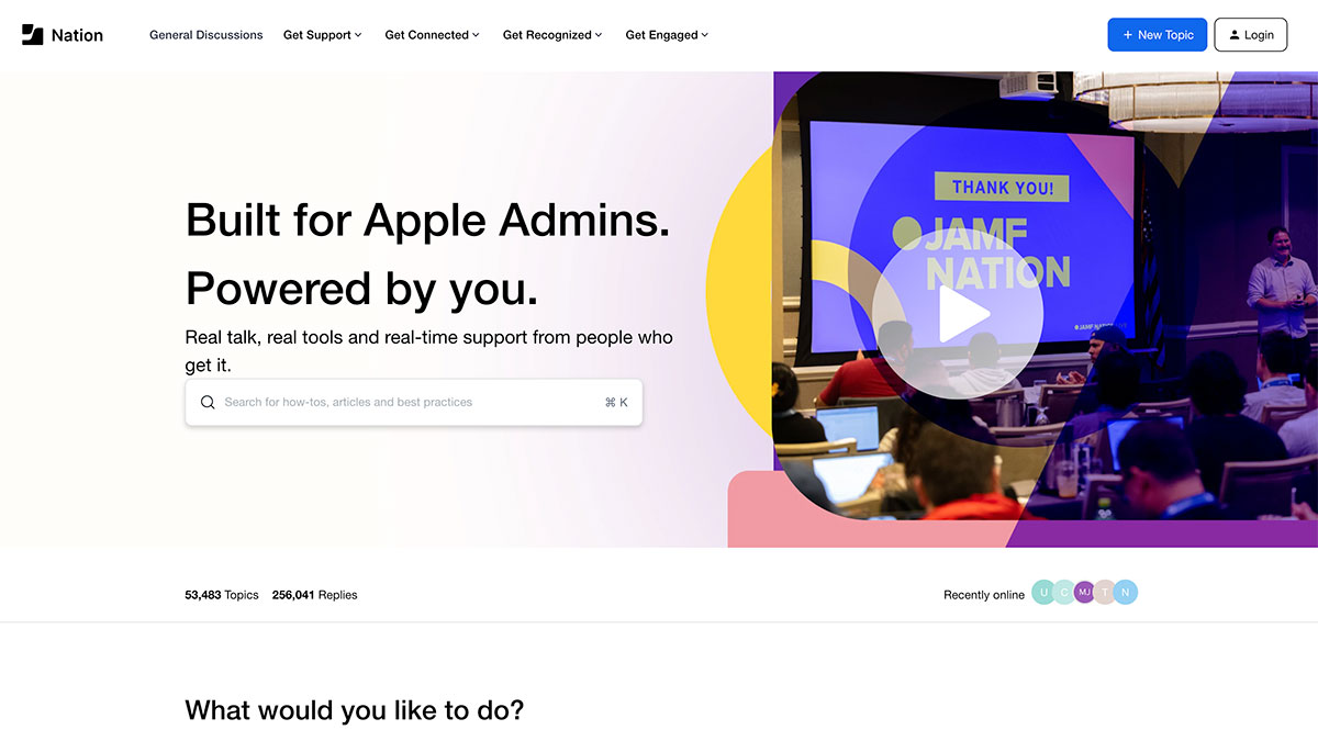 Screenshot of a website for Apple Admins featuring Customer Communities, with a search bar, navigation menu, and a banner reading 