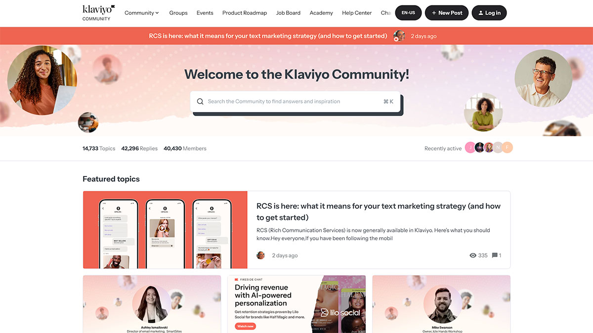 A webpage from the Klaviyo Customer Community features a search bar, community stats, member avatars, and highlighted articles about text marketing and AI-driven revenue. The navigation bar appears at the top with various categories in this Community Showcase.