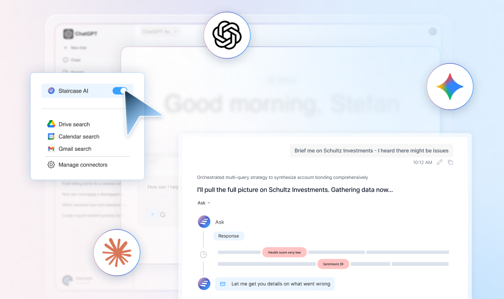 A digital interface displays an open menu labeled "Staircase AI" on the staircase platform, featuring search options, a data summary, use cases, and logos of OpenAI, Gemini, and another tool against a blurred background.