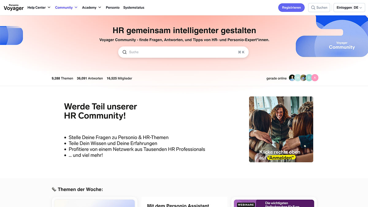 A website page for the Personio Voyager Community, featuring a signup area, HR community benefits, a search bar, and images of diverse people interacting. A banner invites users to join the Customer Community and participate in HR-related discussions.