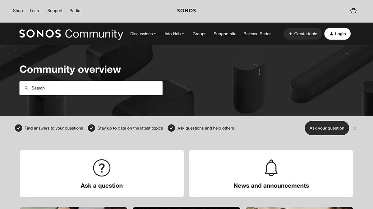 Screenshot of the Sonos Community webpage—a prime example of Customer Communities—featuring a search bar, navigation links, and main buttons for 