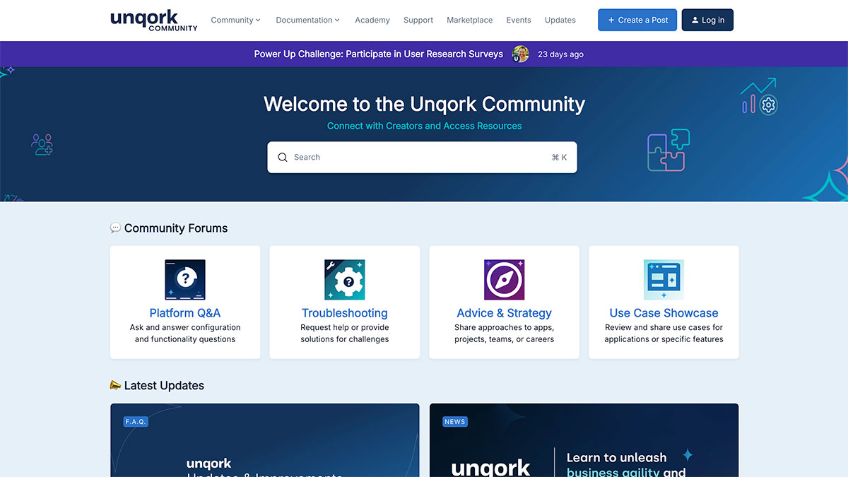 Screenshot of the Unqork Customer Community homepage, featuring navigation links, a welcome message, and four main forum sections: Platform Q&A, Troubleshooting, Advice & Strategy, and Use Case Showcase.