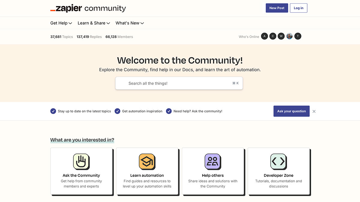Screenshot of the Zapier Customer Community homepage, featuring a search bar, navigation links, and four main options: Ask the Community, Learn automation, Help others, and Developer Zone. Member stats are displayed at the top.