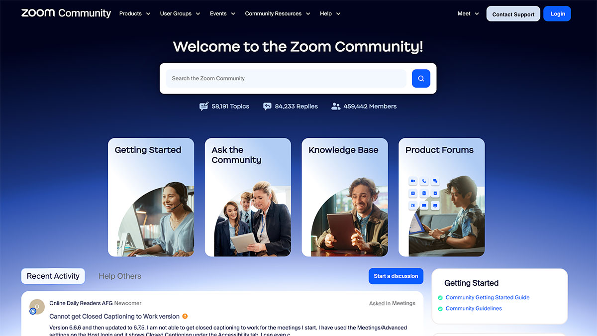 Screenshot of the Zoom Community homepage, showcasing a search bar, navigation menus, four main sections (Getting Started, Ask the Community, Knowledge Base, Product Forums), and community stats—an engaging example of Customer Communities in action.