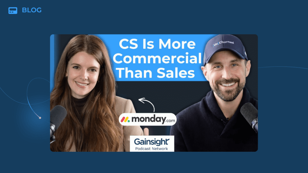 A blog post image shows a woman and a man with microphones. Text reads "CS Is More Commercial Than Sales," highlighting Customer Success, with logos for monday.com and Gainsight Podcast Network.