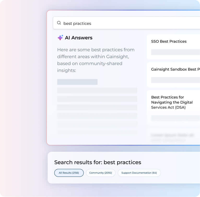 A computer screen displays a search for "best practices," showing AI-generated answers and a list of categorized results, including SSO Best Practices, Digital Services Act guidance, and tips for fostering Customer Engagement in Online Communities.