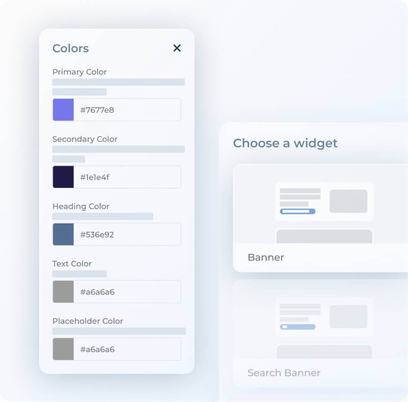 A user interface showing a color settings menu for Customer Communities, with fields for primary, secondary, heading, text, and placeholder colors—each displaying a color swatch and hex code. A blurred widget selection panel is partially visible on the right.
