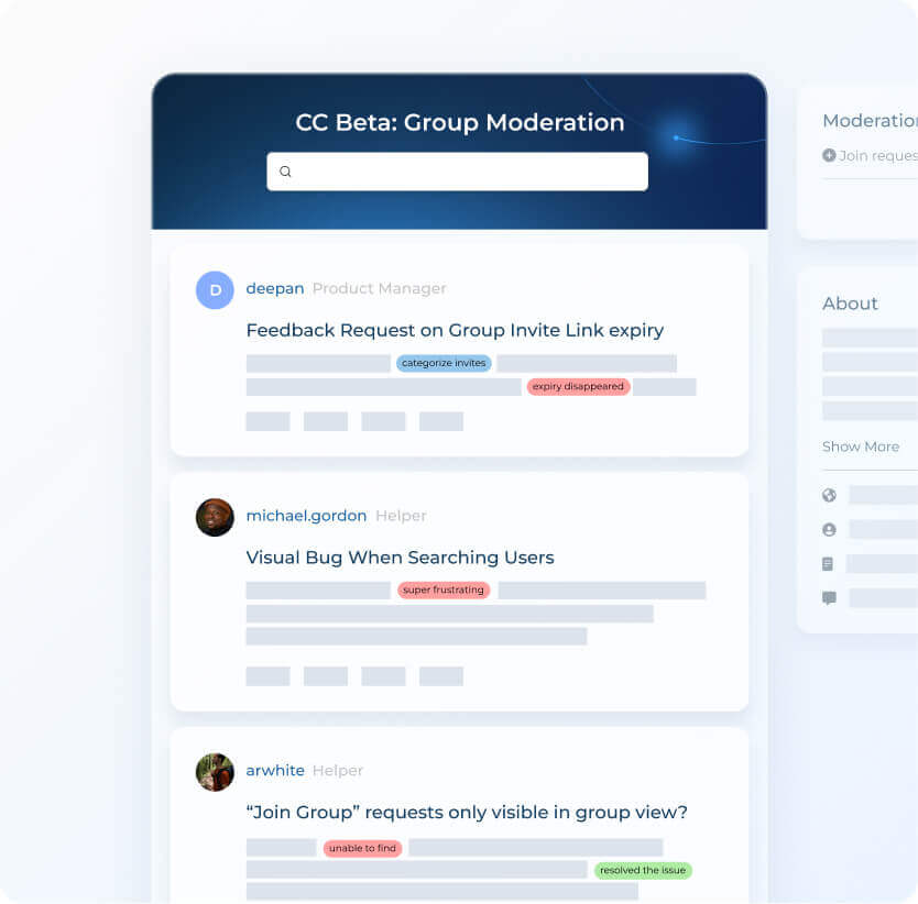 A digital interface showing a Customer Communities moderation dashboard with user feedback and bug reports, each labeled with colored tags like “categorize issues” and “super frustrating.” A search bar is visible at the top.