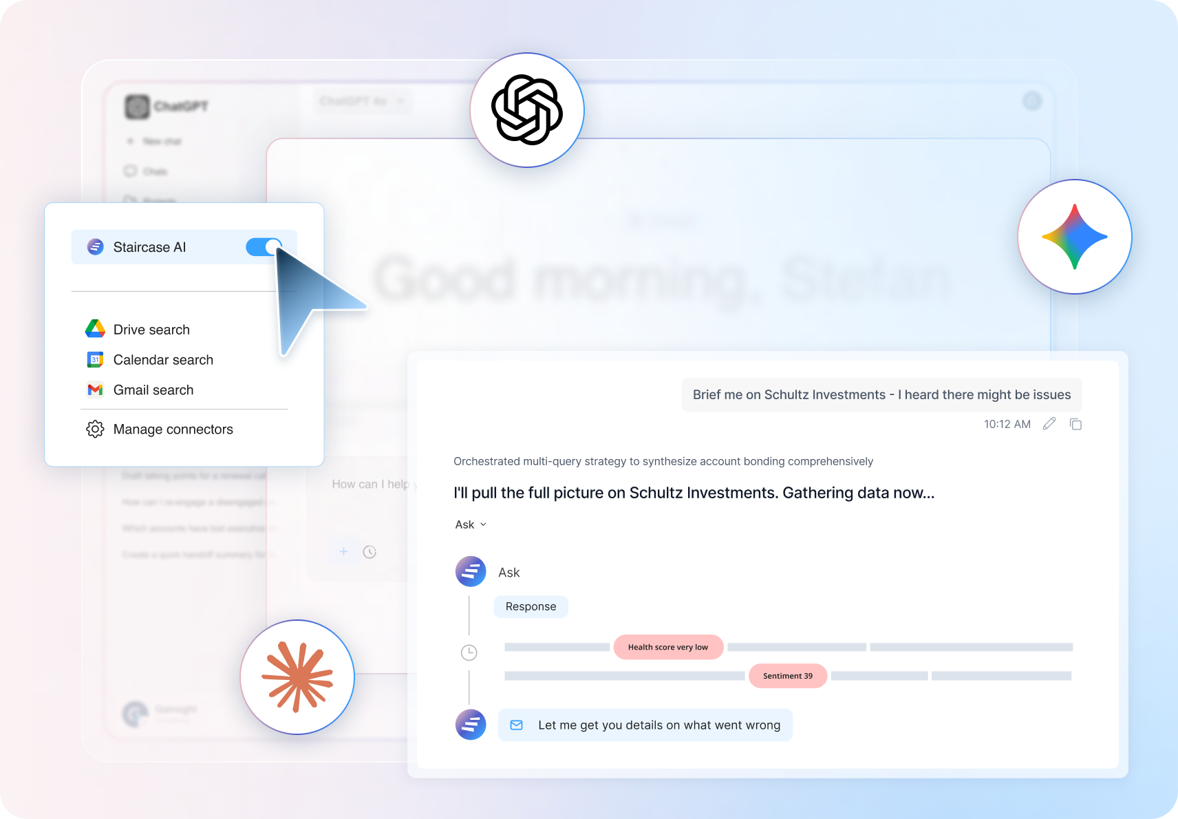 A blurred computer interface displays AI tools integration options like Staircase AI and MCP Connector, featuring logos of leading AI platforms and a chatbot conversation window in the foreground.