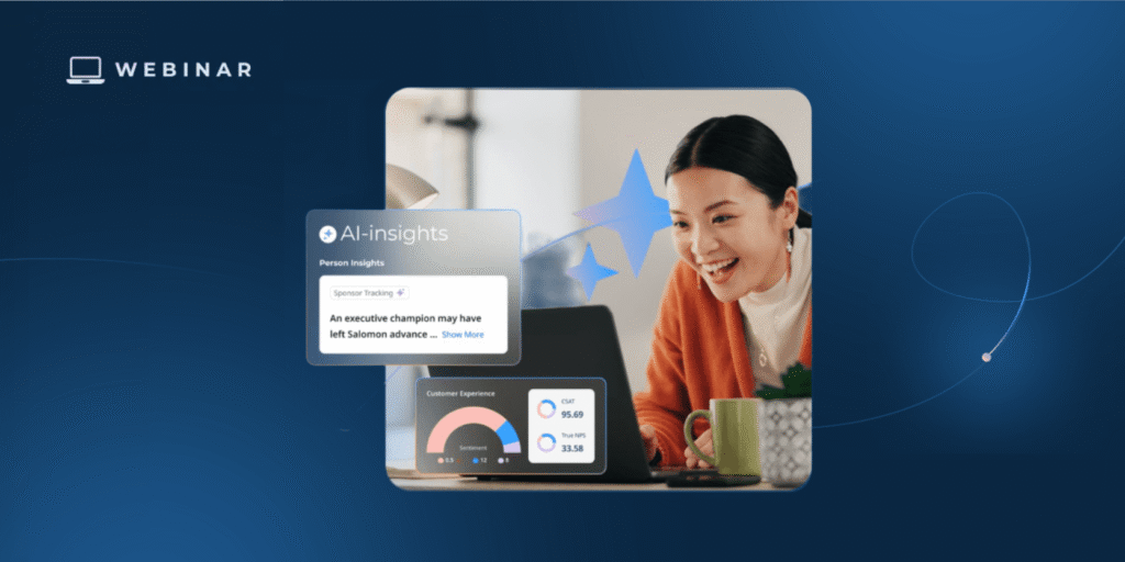 A woman smiles at her laptop, surrounded by data dashboards, Customer Success insights, and AI graphics on a blue background with the word "WEBINAR" and a computer icon in the corner.