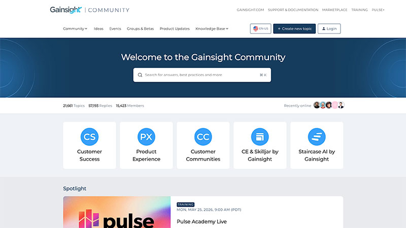 Screenshot of the Gainsight Community homepage featuring a search bar, navigation menu, community stats, and icons for Customer Success, Product Experience, CE & Skilljar, Staircase by Gainsight, plus highlights from the Community Showcase.