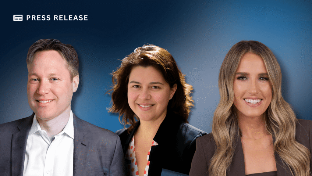 Three professionally dressed people, two women and one man, smiling in front of a blue gradient background. The words "Press Release" appear in the top left corner, highlighting strategic hires to strengthen executive leadership.