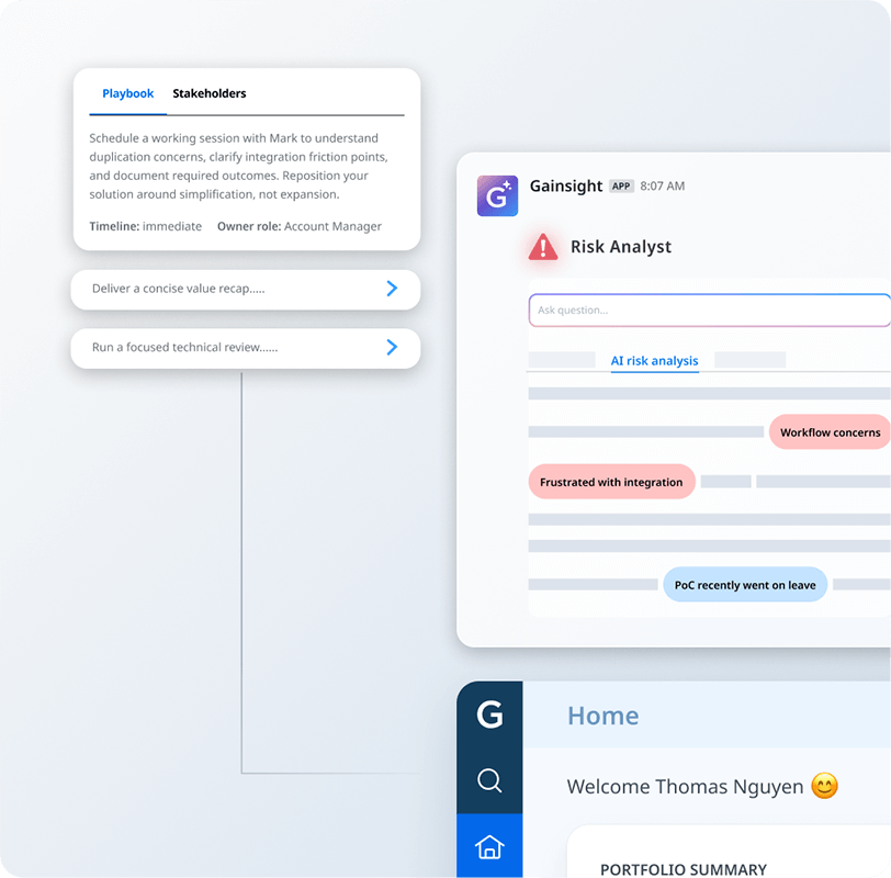 A software dashboard displays a chat about stakeholders and a task list on the left, while on the right, the Risk Analyst screen highlights issues like AI risk, workflow concerns, and frustration with integration.