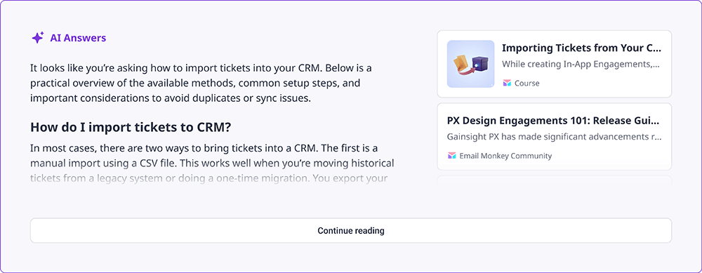 A software interface within the Digital Customer Hub displays AI-generated answers about importing tickets to a CRM, including setup steps and considerations. On the right, related resources and guides are listed. A "Continue reading" button appears below the text.
